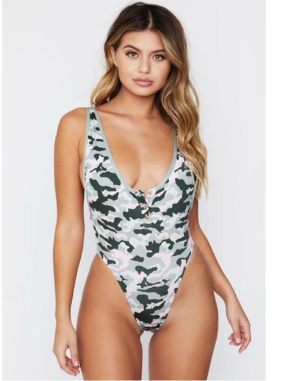 Frankie's Bikinis Green and Pink Camo One-Piece Swimsuit